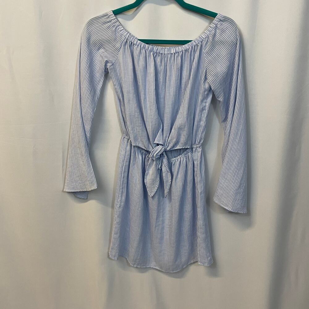 L'Academie Blue Stripe Bell Sleeve Off Shoulder Front Cut Out Tie Dress XS